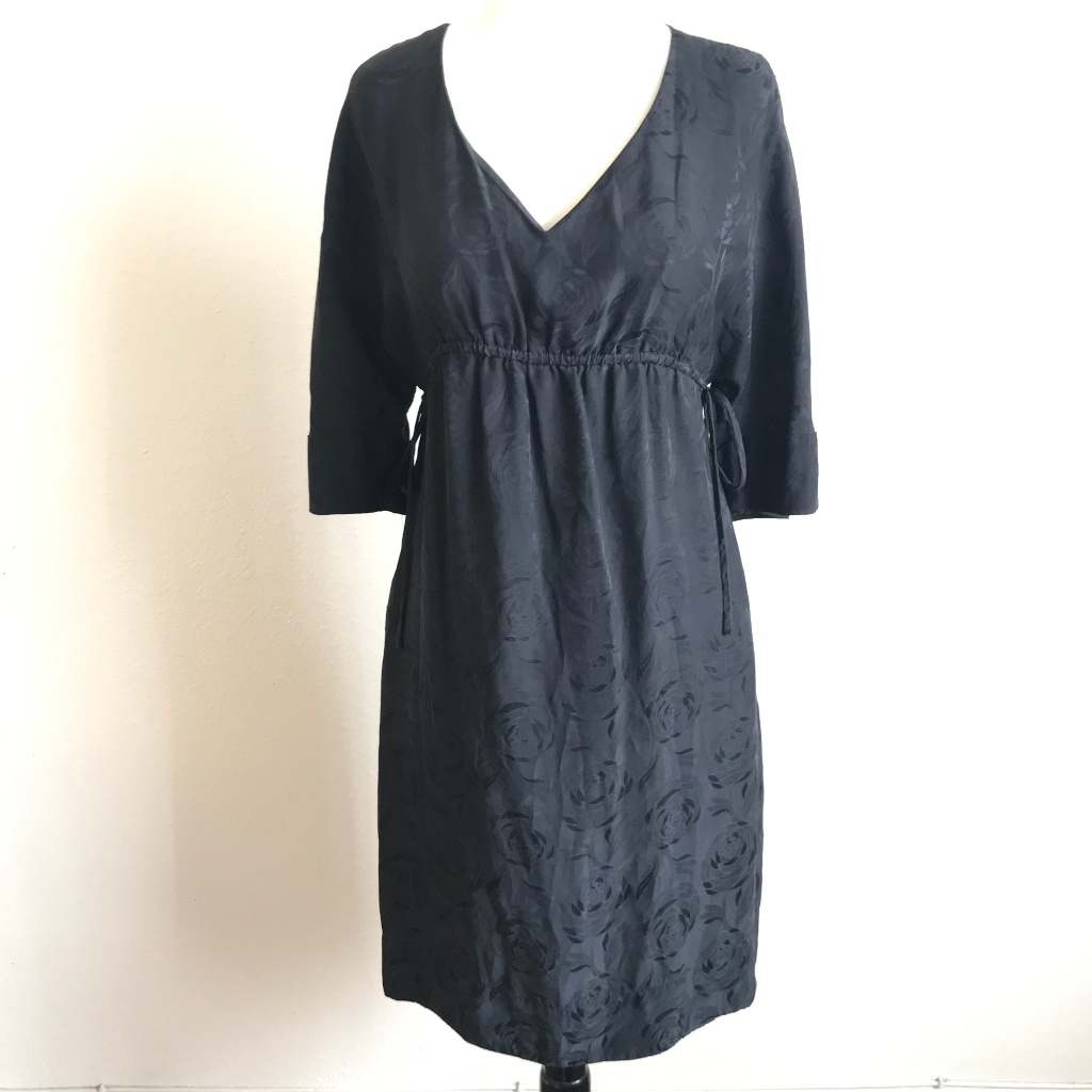 Vince Black Damask Rose Jacquard 100% Silk Half Sleeve Mini Dress With Pockets